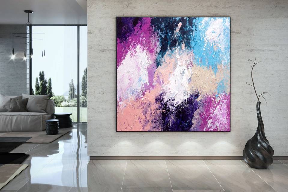 Blue Hand-painted Oversized Pink Abstract Canvas Wall Art 9JTMA